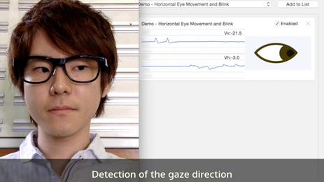 A person wearing smart glasses next to a graph of his eye movement analysis