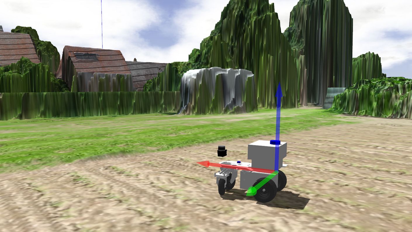 Simulation Roboter auf Feld vor Bauernhofkulisse